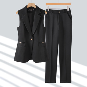 Women's Pink Suit <b>Set</b> Sleeveless <b>Blazer</b> Pants Solid Color Polyester Anti-Wrinkle Professional Workwear - Product Image 4