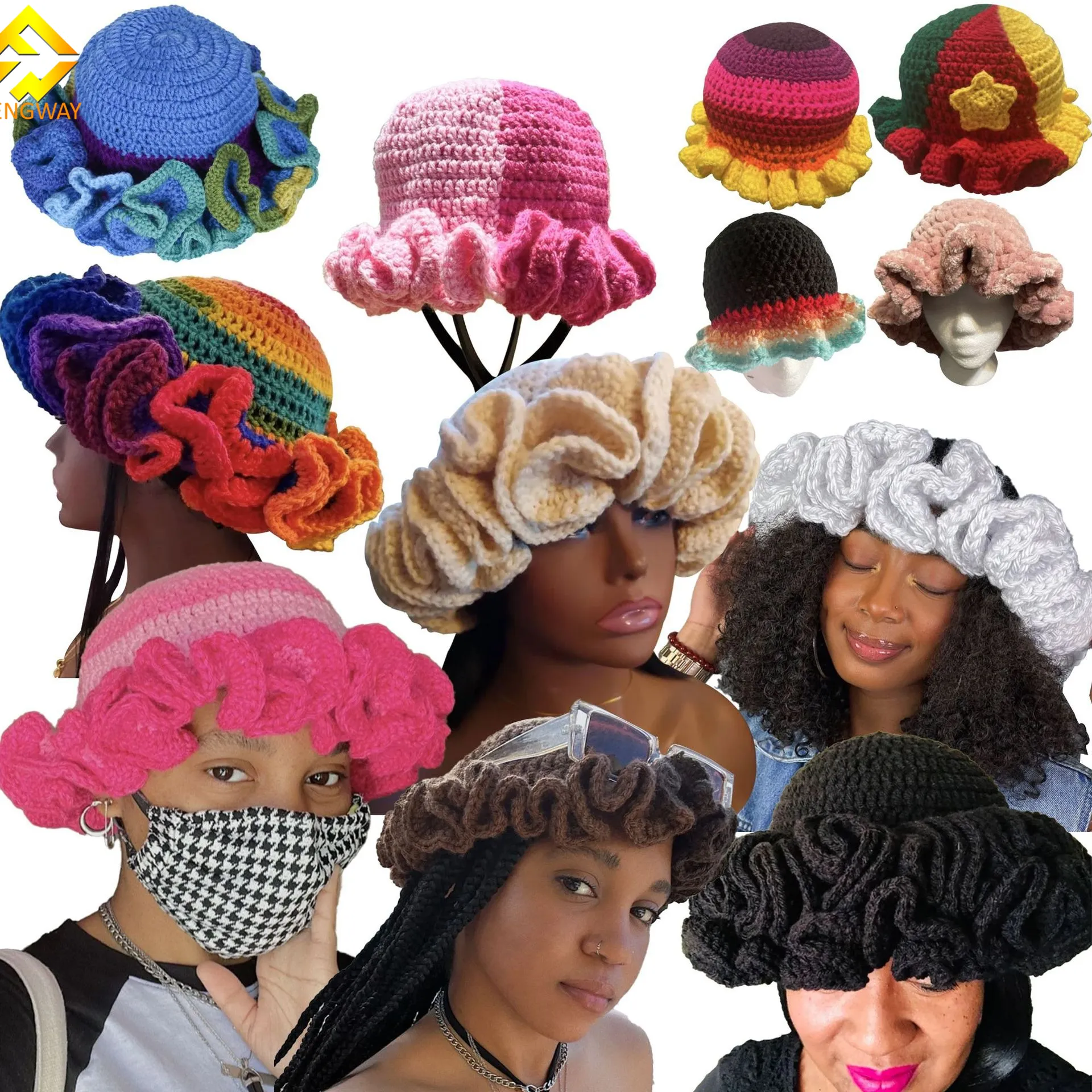 Chapéus de balde de crochê feminino moda tricô macio fofo robusto multicolorido chapéu de crochê plissado com babados