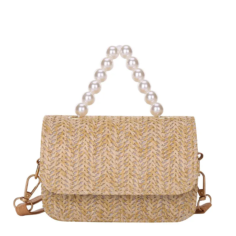 REWIN Hot Sale Small Natural Straw Crossbody Bag Tote Purse with Pearl Handle