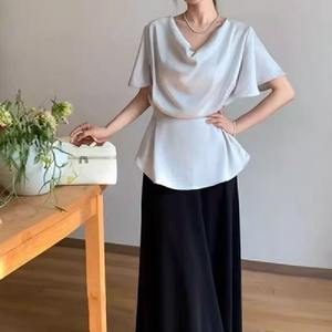 여성용 슬림핏 셔츠 올해의 신모델 고급스럽고 독특하며 아름다운 러플 칼라 반팔 여름 블라우스 - Product Image 3