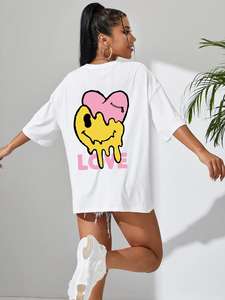 T-shirt Femme à Col Rond avec Manches Courtes, à Manches Courtes, Ample et Décontracté, en Coton Doux, avec Visage Souriant, Amusant - Product Image 2