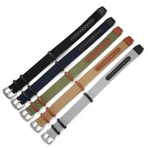 20mm 22mm Leather Nylon Combined Watch Band Waterproof Canvas Watch Strap Replacement Watchbands Three Ring Buckle Wristband