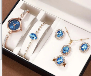 Nouvel ensemble cadeau de luxe 5 pièces pour femme : montre et bijoux avec bague, collier, boucles d'oreilles, bracelet – Métal – Thanksgiving et Nouvel An - Product Image 6