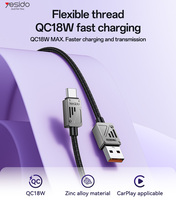 Yesido kabel Data 1.2 Meter 18W, USB ke tipe-c ulir fleksibel CarPlay berlaku paduan seng CA135C