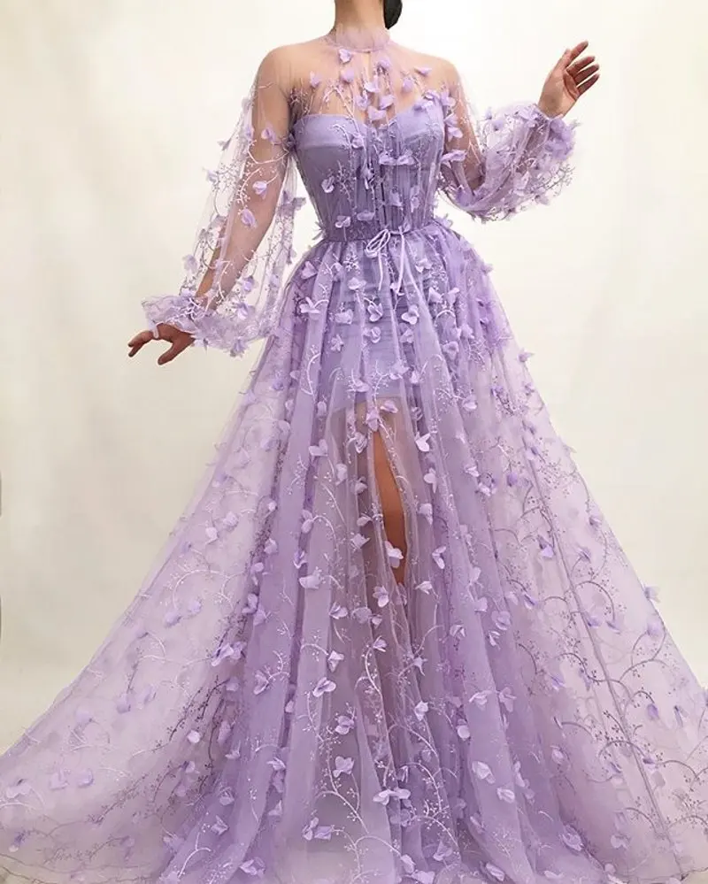 Женское ТРАПЕЦИЕВИДНОЕ ПЛАТЬЕ С Длинным Рукавом, фиолетовое платье большого размера с цветами для свадьбы, вечеринки, выпускного вечера