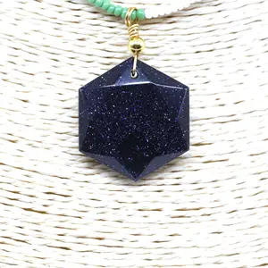 2024 Natural Gemstone Pendant Natural Hexagon David Star Pendant Handmade Wired Hexagon Blue Sand Stone Pendant For Necklace