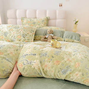 Set Quattro Pezzi in Pile Corallo Invernale Caldo Copripiumino in Pile Doppio Lato Lenzuolo in Flanella Fodera in Pile Morbido Ispessito - Product Image 2