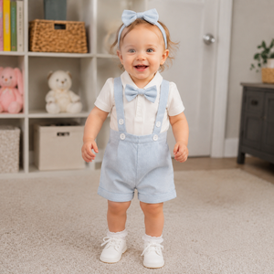 Ensemble deux pièces d'été blanc et bleu clair avec nœud papillon et bretelles pour bébés garçons de 0 à 3 ans, idéal pour baptême, mariage, fête ou <span class=keywords><strong>tenue</strong></span> de cérémonie - Product Image 3