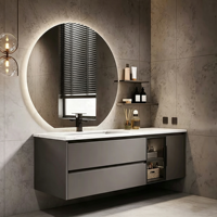 Conjunto de Muebles de Baño con Lavabo Integrado de Cerámica sin Juntas de Piedra Sinterizada, Mueble de Baño Inteligente de Madera Maciza