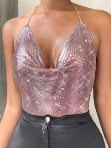 Top Corto de Verano con Lentejuelas Metálicas para Mujer, Sexy, Brillante, Textura Metálica, Tirantes, Espalda Descubierta, Bralette, Camisola - Product Image 3