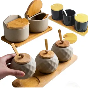 Sucrier en céramique avec cuillère et couvercle en bambou-Style japonais minimaliste moderne, bol à sel pour pot d'assaisonnement-Vaisselle élégante