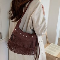 Sac à bandoulière Hobo vintage en daim style bohème, multi-couches, avec franges et rivets étoiles, pour femme, idéal pour les voyages, les vacances et le quotidien