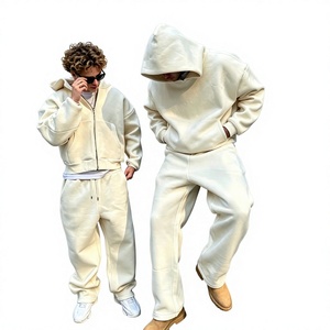 Custom logo 100% 450 Gsm Cotton Oversized Men's Baggy Plain <b>Cropped</b> Heavy <b>Zip</b> <b>up</b> Hoodie and Loose Fit Sweatpants Tracksuit Set - Product Image 1