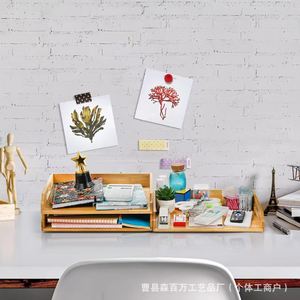 Bamboo Desktop <b>File</b> Tray Stackable Multi Tier <b>Organizer</b> With Double Handles Natural Wood Color Rectangle Standing Type - Product Image 4