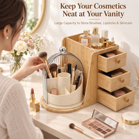 Ensemble de rangement cosmétique moderne en bambou naturel de qualité supérieure avec quatre niveaux, support rotatif multifonctionnel pour chambre à coucher