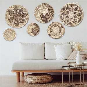 Décorations murales en paille Décor de salon gris Boho Art Ensemble de 6 <span class=keywords><strong>Rotin</strong></span> Gris Demi-cercle Antique Pierre Déco - Product Image 3