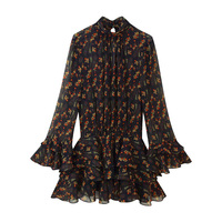 Robe Courte Tricotée à Col Montant Imprimé Floral 100% Polyester, Manches Bouffantes, Taille Empire, Silhouette Évasée, Tissu Respirant, Idéale pour l'Été