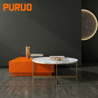 Table basse moderne carrée modulaire en 2 pièces PURUO, pieds en acier inoxydable doré, plateau en MDF et marbre pour salon