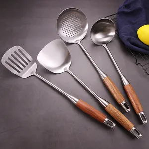 304 Stainless steel Cooking Kitchen Utensils Set slice 18/8 Wooden Handles Tongs Spatula ladle Spoon Kitchen for Cooking