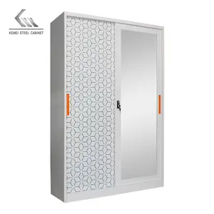 Fashionable Steel Kd Structure Lockable Clothes Sliding Door Cabinet Bedroom Printed Storage Wardrobe With Mirror