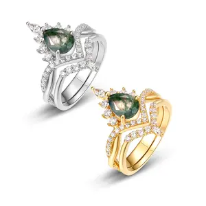 Wholesale Luxury Gemstone Vintage Jewelry Moss Agate Engagement Ring Set 925 Sterling Silver Wedding Agate Stacked Rings