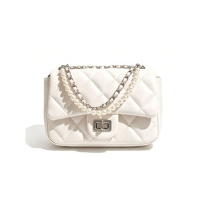 Sac carré matelassé en cuir véritable pour femme - Sac à bandoulière avec chaîne de perles pour l'été, élégant et polyvalent - Product Image 1
