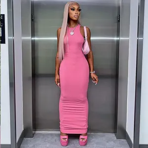 W-S1070A 2023 yaz kolsuz kadın elbiseler katı Bodycon pembe kalem uzun elbise Lady Streetwear