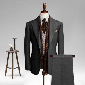 Costume sur mesure de qualité supérieure pour homme, coupe ajustée, mélange de laine bleu chiné, costume 3 pièces pour affaires - Product Image 3
