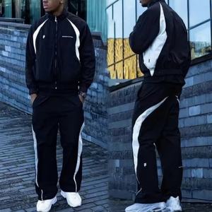 Men Breathable Plus Size High Street Style Jogger Sets Two Piece <b>Patchwork</b> Zip Track <b>Jacket</b> Pants Custom Lightweight Drawstring - Product Image 1