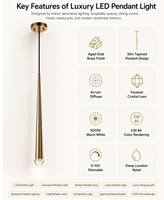 Suspension LED décorative moderne ovale mini homologuée ETL, dimmable 0-10V avec diffuseur acrylique et lentille en cristal facetté