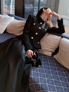 Abito da Donna <span class=keywords><strong>in</strong></span> <span class=keywords><strong>Tweed</strong></span> Nero di Alta Qualità Nuovo Materiale Autunno Inverno Elegante a Maniche Lunghe con Collo Alto - Product Image 3