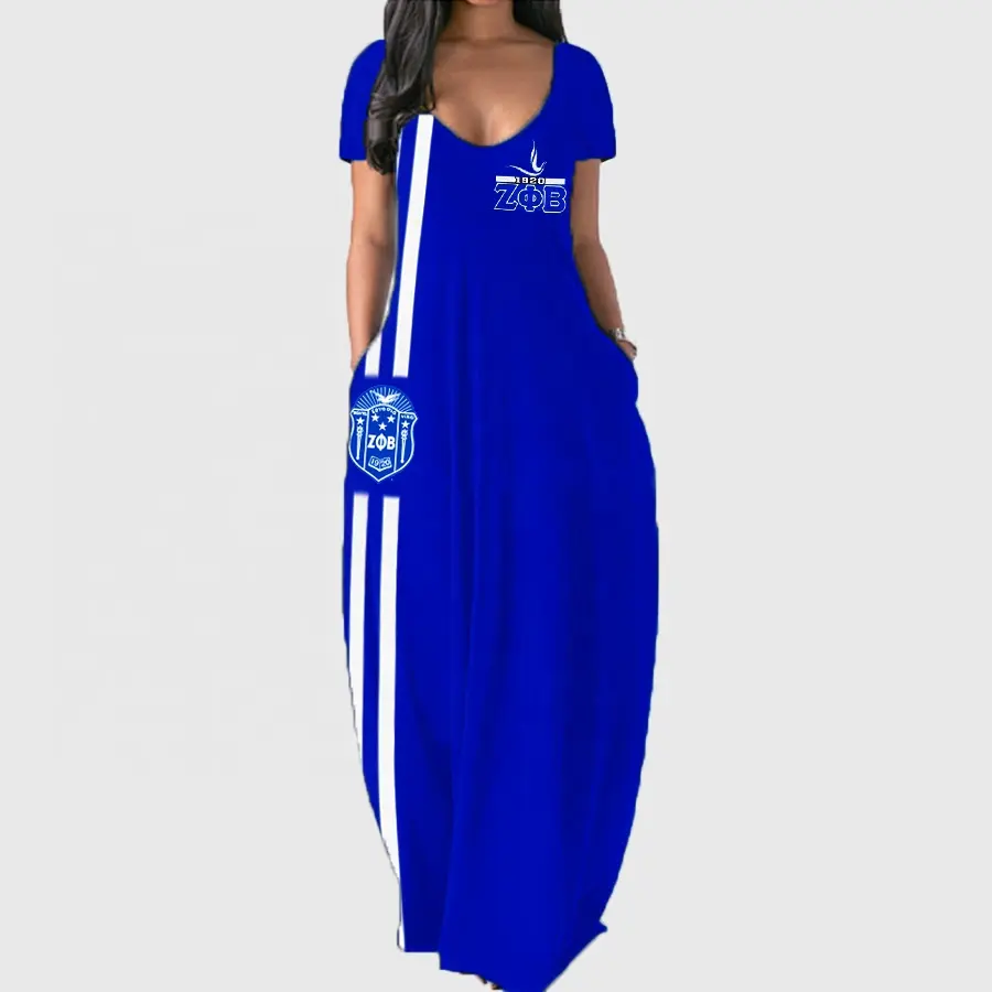 Custom Zeta Phi Beta Bohemian Strap Digital Print Short Sleeve Summer Dress number 20 Sorority V-Neck Women Long Dresses