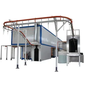 Hanging chain conveyor powder coating paint line systems with spray pretreatment device