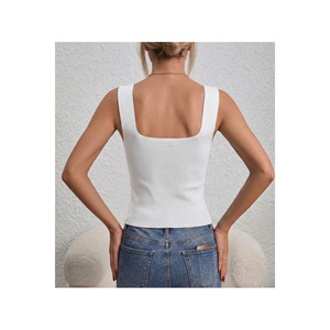 Débardeur blanc dos nu pour femme, col carré, tricot côtelé, tenue décontractée - Product Image 1