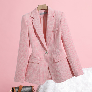 Pink Women's Blazer Plaid Wool Blend Slim Fit Suit Jacket For Work And Casual Wear - Product Image 1