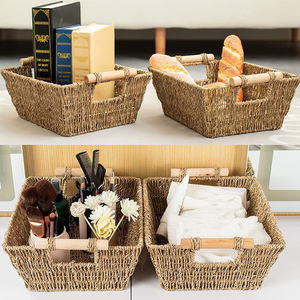 Seagrass Woven <b>Storage</b> <b>Basket</b> <b>Square</b> With Wooden Handles For Living Room Organization - Product Image 3