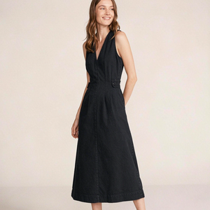 Vestidos de mezclilla para mujer, cuello en V, sin mangas, casuales, talla grande, línea A, midi, cintura alta, vestidos largos de verano con cinturón. - Product Image 2