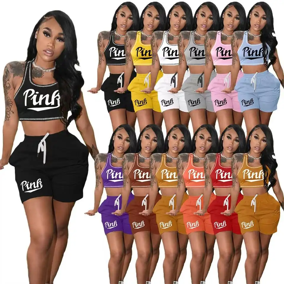 2022 Hot Customized Logo 2 Piece Set Women Clothing Pink Letter Casual Women Set Summer Ladies Clothes Shorts Two Piece Set