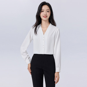 Burgundy V-neck Long Sleeve Blouse Women Solid Color Polyester Work Shirt 2025 Autumn Top Formal Office Wear - Product Image 2