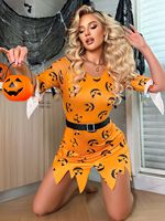 Robe de cosplay pour femme à imprimé citrouille d'Halloween, orange, à manches courtes évasées, ourlet irrégulier dentelé, sexy, pour soirée, costume de fantaisie avec ceinture