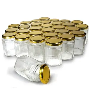 Frascos hexagonales de vidrio transparente, frascos pequeños con tapas doradas, tarros de Mason para hierbas y alimentos, 1,5 oz