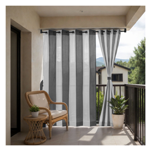 Stripe Outdoor Curtain 180 GSM Grey White with Contemporary Monochrome Stripes for Elegant Patio Privacy UV Protection - Product Image 1