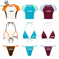 Maillot de bain trois pièces pour femme, color block, crop top, bikini triangle à bretelles fines, string, logo personnalisé, vente en gros, vêtements de plage d'été