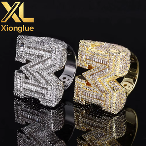 Custom Fashion Shiny Copper 18K Gold Plated <b>Initial</b> M Letter Micro Pave Baguette Zircon Hop <b>Ring</b> - Product Image 3