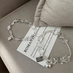 Bracelet carré en argent sterling S925 avec cristal blanc naturel, design géométrique, cordon élastique, bijoux pour femmes à porter au quotidien - Product Image 4