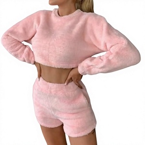 Nuevo Conjunto de 2 Piezas de Felpa Coral para Mujer, Primavera-Verano, Color Sólido, Manga Larga, Top Corto, Sudadera y Pantalones Cortos - Product Image 1