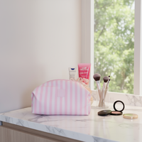 Sac de maquillage à fermeture éclair rayé rose écologique en gros 2026, sac de toilette portable, sac de cosmétique de voyage pour filles