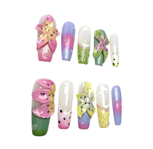 <span class=keywords><strong>Uñas</strong></span> Postizas Hechas a Mano, 10 Piezas, Personalizables, Medianas, Cuadradas, con Diseño Tropical 3D de <span class=keywords><strong>Flores</strong></span>, Gotas de Rocío y Frutas Exóticas - Product Image 4