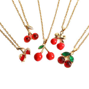 Collier tendance en acier inoxydable plaqué or 18 carats, inaltérable, avec pendentif cerise mignon en zircon brillant, bijoux pour femme - Product Image 1