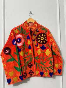 Handmade Sujani Embroidered Knitted Breathable Cotton <b>Quilted</b> Bomber Jacket Boho Folk Art Sustainable Winter Outerwear - Product Image 2